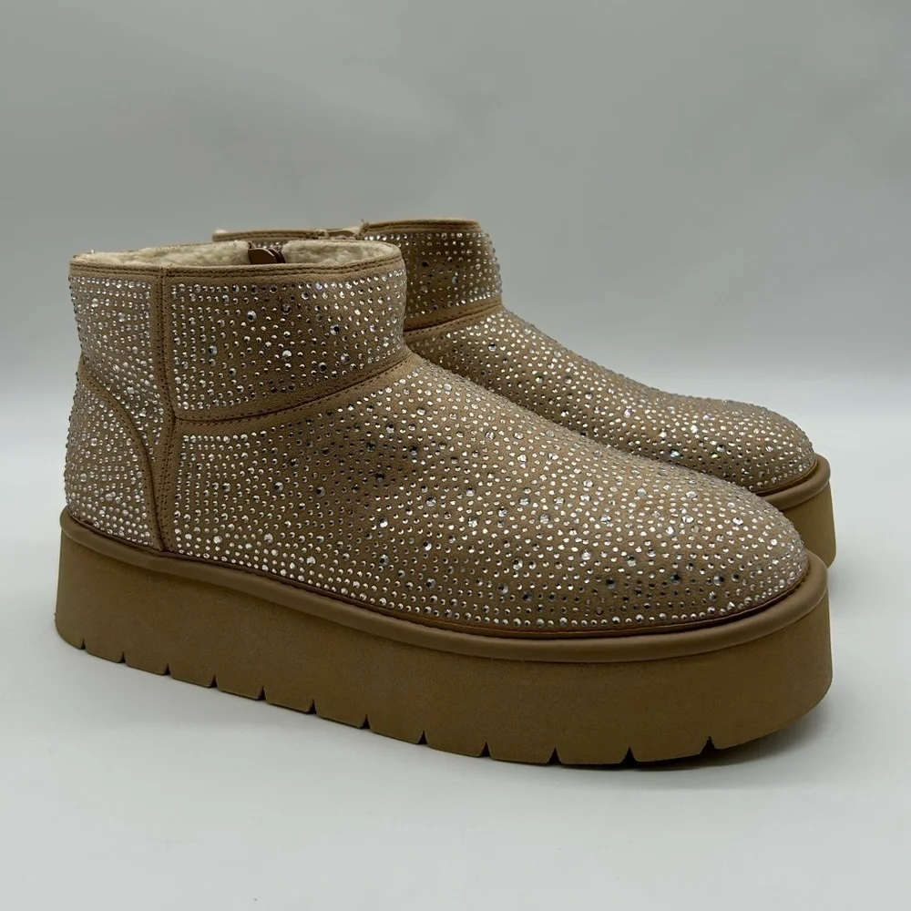 Wild Fable Missy Platform Ankle Boots Beige Rhinestone Vegan Suede Size 10 NIB